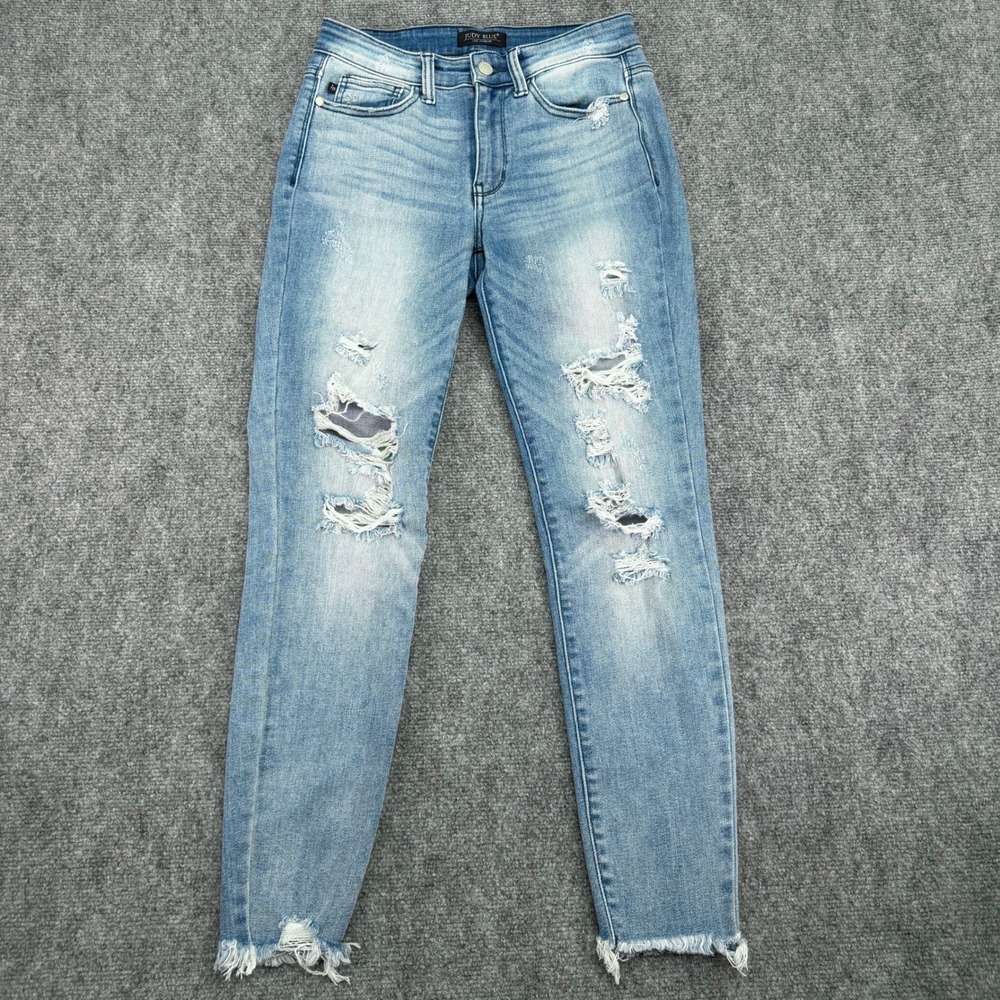 Judy Blue Jeans Womens 3/26 (Fits 28x27) Blue Skinny Distressed Raw Hem Stretch‎